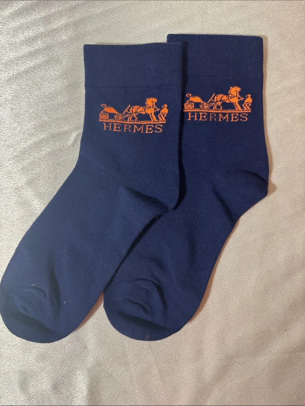 New! Hermes Navy Crew Socks with Orange Logo